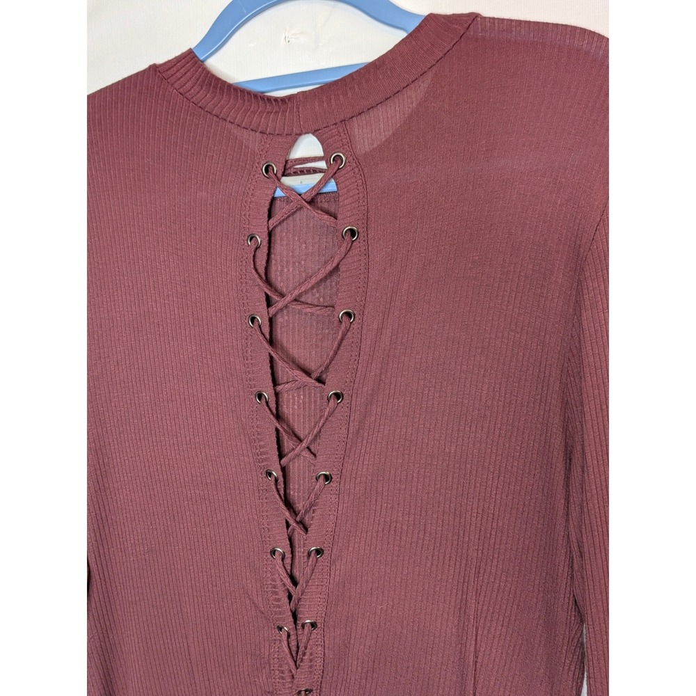 Harley-Davidson Womens Burgundy Rhinestone Winged Skull Lace Up Back L/S Shirt - Picture 8 of 15